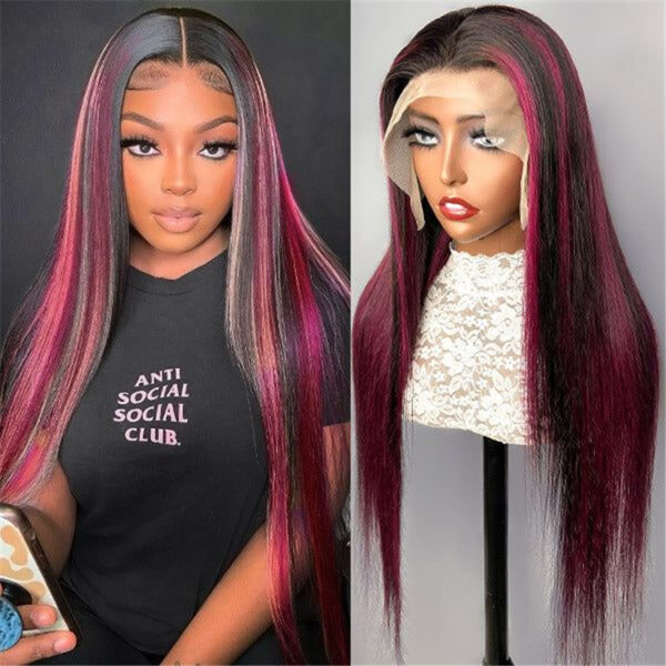 Purple Highlights Straight 13x4 Transparent Lace Front Wig - Image 2